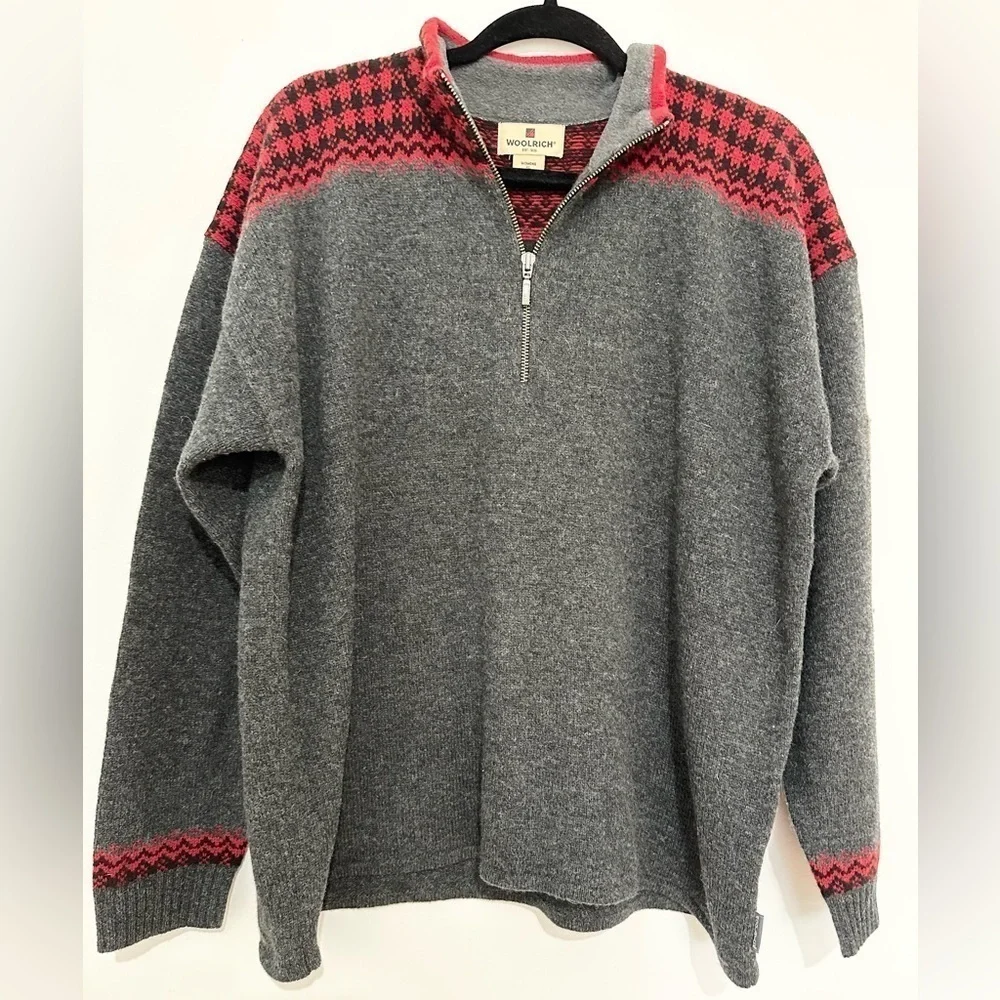 Woolrich 1/4 zip pullover lambswool blend grey plaid size XL winter hiking
